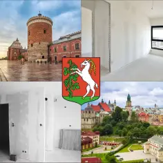 Kolaż: Zamek Lubelski, herb Lublina, wnętrza w trakcie remontu i panorama miasta.