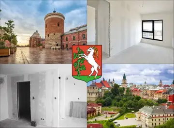 Kolaż: Zamek Lubelski, herb Lublina, wnętrza w trakcie remontu i panorama miasta.